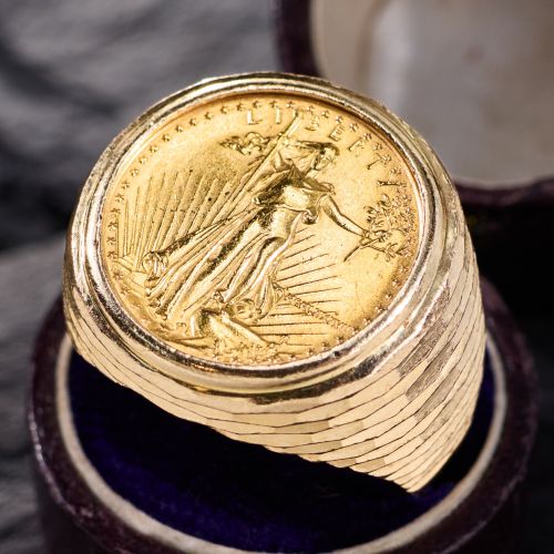 Unisex Walking Liberty Coin Ring 14K Yellow Gold