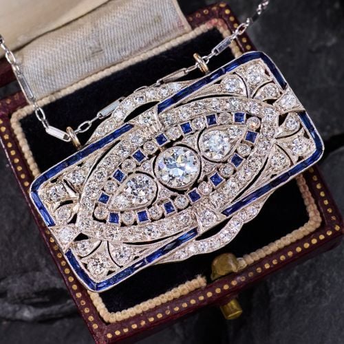 Art Deco Old European Diamond Pendant Necklace 14K White Gold/Platinum