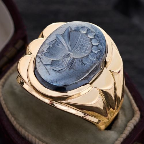 Vintage Men's Hematite Intaglio Ring Yellow Gold