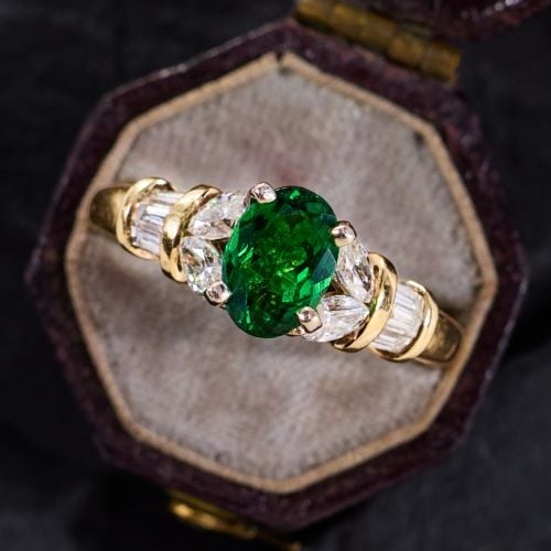 Tsavorite Garnet Ring w/ Marquise & Baguette Diamond Accents in 14K Yellow Gold