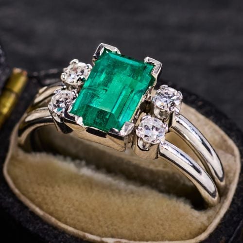 Step Cut Emerald Ring w/ Diamond Accents in Elegant Split Shank Design
