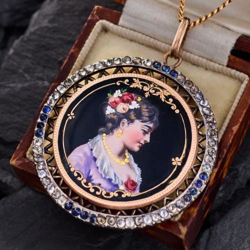 Painted Portrait Victorian Era Pendant Necklace 9K Yellow Gold