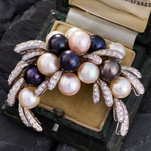Vintage Pearl & Diamond Firework Brooch Pin 14K White Gold