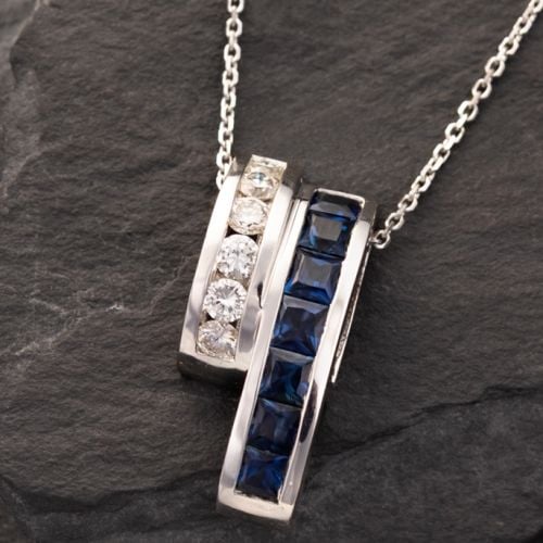 Diamond & Sapphire Channel Slide Pendant Necklace 14K White Gold