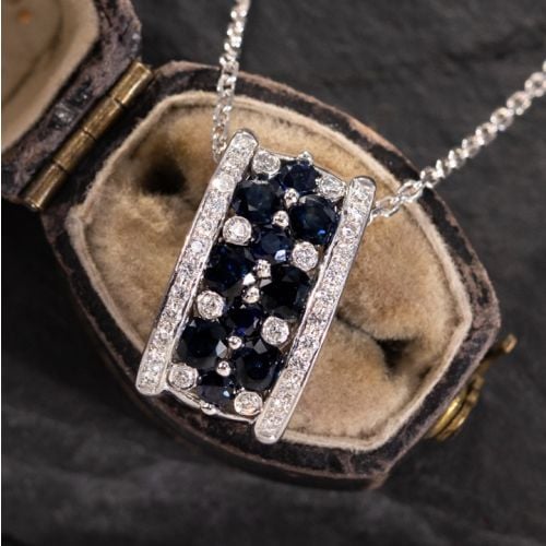 Diamond & Sapphire Pendant Necklace 14K White Gold
