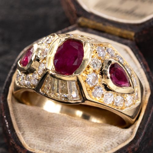 Bold Ruby & Diamond Wide Band Ring 14K Yellow Gold 