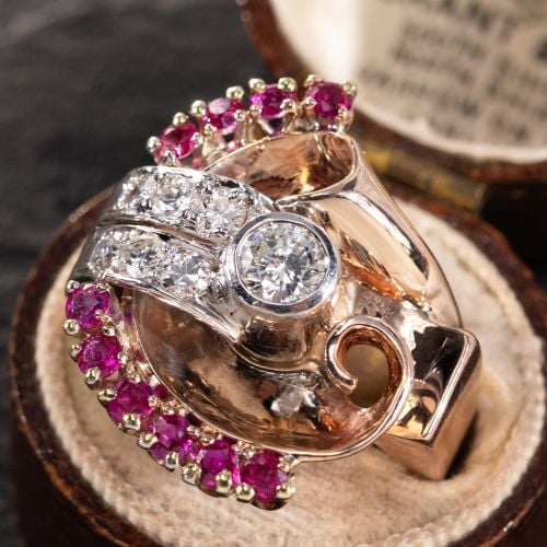 Retro Diamond & Ruby Ring 14K Two Tone Gold