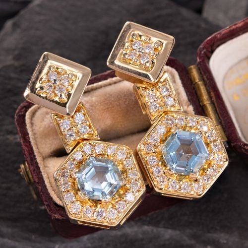 Hexagonal Sky Blue Topaz & Diamond Earrings 14K Yellow Gold