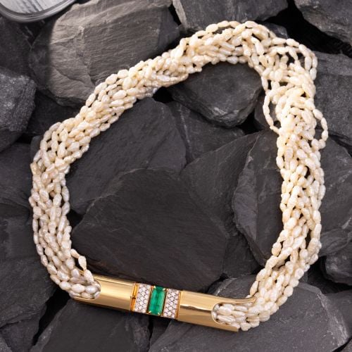 Bold Emerald & Freshwater Pearl Strand Choker Necklace 18K Yellow Gold 