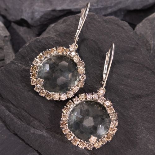 Honeycomb Cut Prasiolite Dangle Earrings w/ Diamond Halo