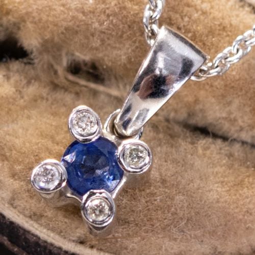Diamond Prongs Sapphire Pendant Necklace 14K White Gold