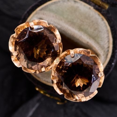 Final Sale: Round Smoky Quartz Earrings 14K Yellow Gold for Non-Pierced Ears