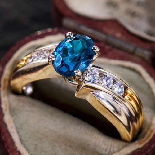 London Blue Topaz Ring with Diamonds 14K Two Tone Gold