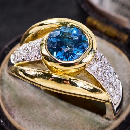 Two Tone Aquamarine Wrap Ring w/ Diamonds Signed Diana Vincent