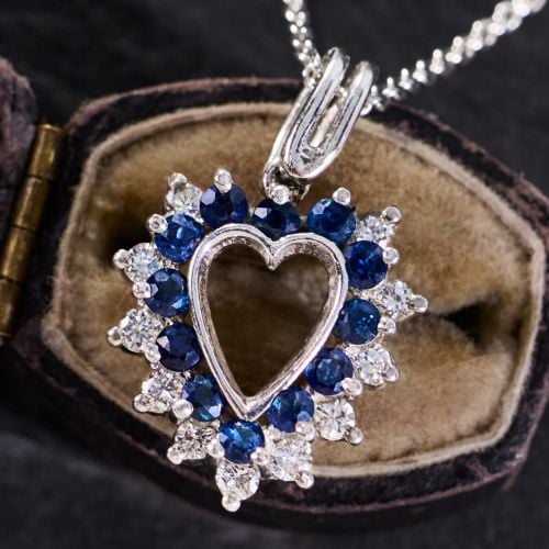 Sapphire Heart Pendant Necklace w/ Diamond Accents in 14K White Gold