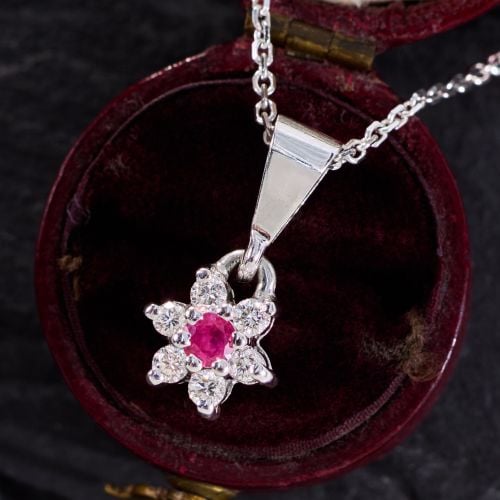Round Ruby Pendant Necklace w/ Diamond Accents 14K White Gold