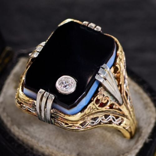 Agate Tablet Ring with Diamond 14K Two Tone Gold