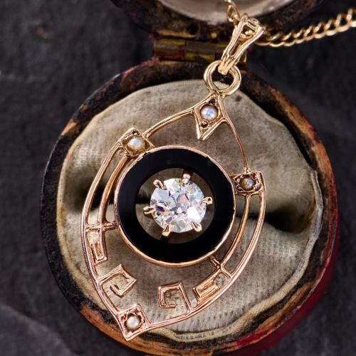 Antique Onyx & Old Euro Diamond Pendant 10K/14K Yellow Gold