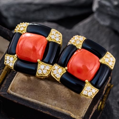 Bold Coral & Onyx Earrings w/ Diamond Accents 18K Yellow Gold 