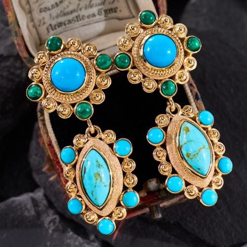 Decorated Turquoise & Malachite Drop Earrings 18K Yellow Gold 