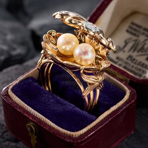 Opening Clamshell & Akoya Pearl Ring 14K Two Tone Gold 