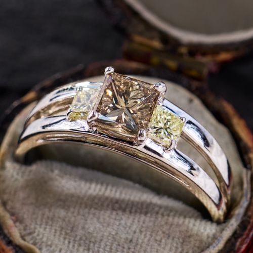 Fancy Dark Champagne Diamond Three Stone Engagement Ring 18K White Gold .76Ct SI2
