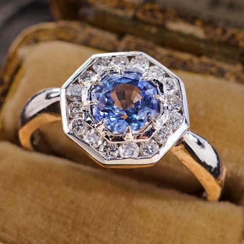 Octagonal Sapphire Ring w/ Diamond Halo Platinum