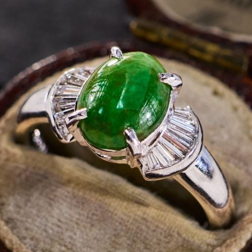 Jade Cabochon Ring w/ Diamonds Platinum