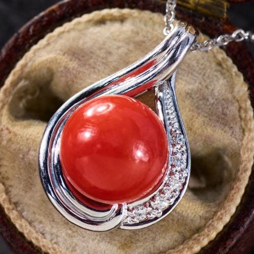 Red Coral & Diamond Pendant Necklace