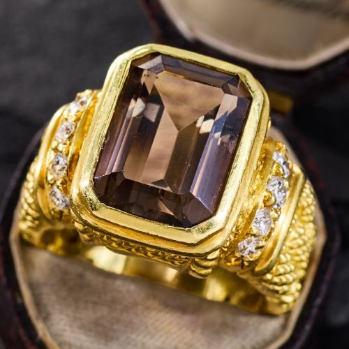 Smoky Quartz Wide Band Chain Motif Ring 18K Yellow Gold