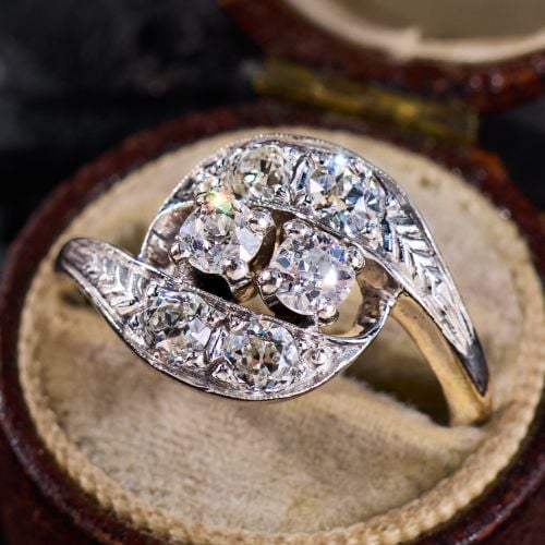 Antique 1930s Old Cut Diamonds Bypass Ring 14K White Gold