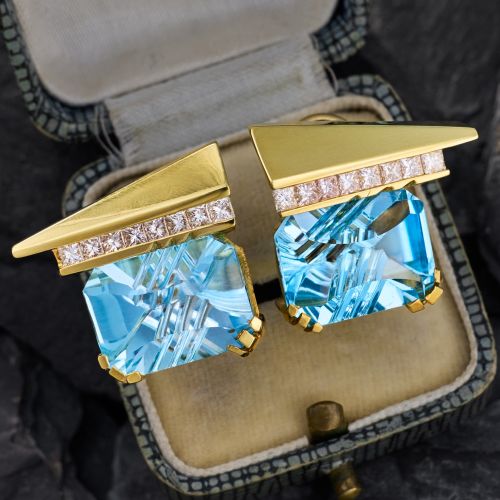 Anthony Gerard Blue Topaz Earrings w/ Diamonds 18K Yellow Gold