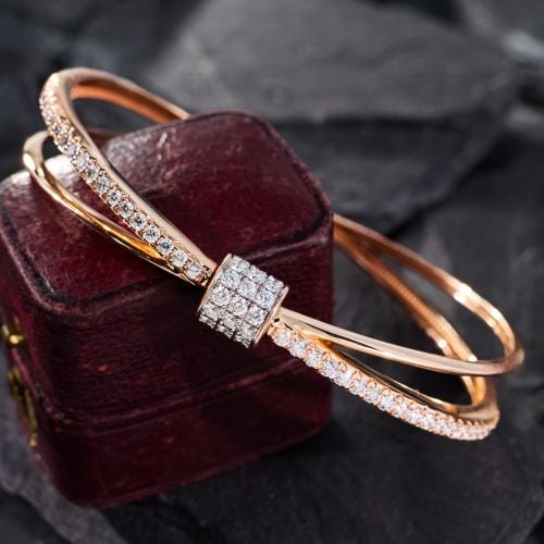 Crisscross Barrel Clasp Diamond Bangle Bracelet 18K Rose Gold