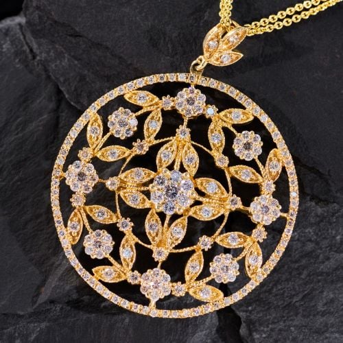 Ornate Diamond Pendant Necklace 14K Yellow Gold