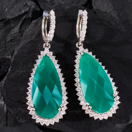 Green Chalcedony Dangle Earrings w/ Diamonds 14K White Gold