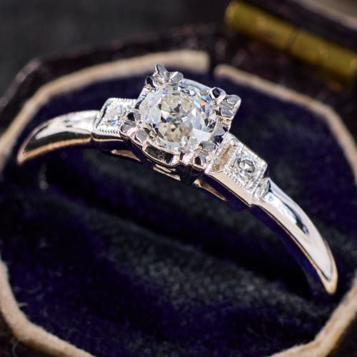 Old Mine Diamond Vintage Engagement Ring 18K White Gold
