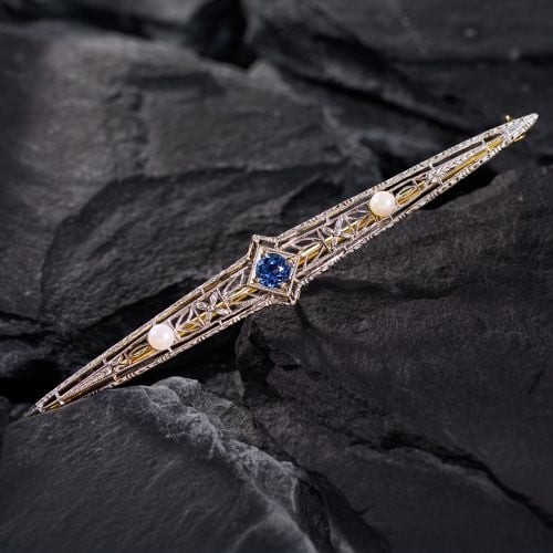 Antique Filigree Sapphire Bar Brooch Pin White & Yellow Gold