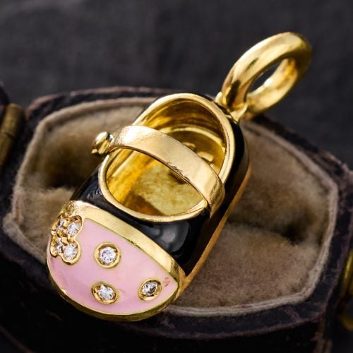 Aaron Basha Mary Jane Diamond Flower Toe Bany Shoe Pendant 18K Yellow Gold
