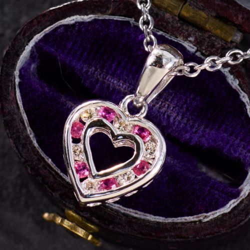 Valentines Ruby & Diamond Heart Pendant Necklace 14K White Gold 