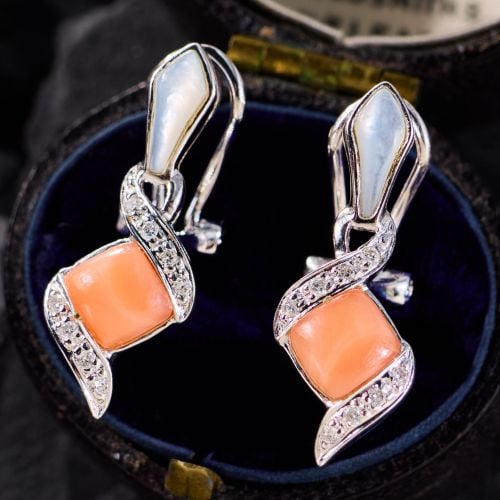 Mother of Pearl & Coral Drop Earrings 18K White Gold