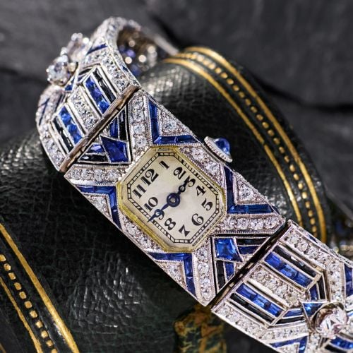 Magnificent Art Deco Diamond Sapphire Onyx Ladies Watch Platinum display picture 1