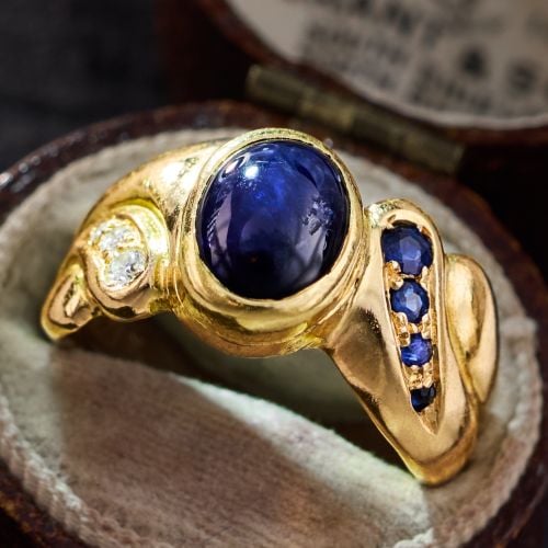 Dark Sapphire Cabochon Ring 18K Yellow Gold 