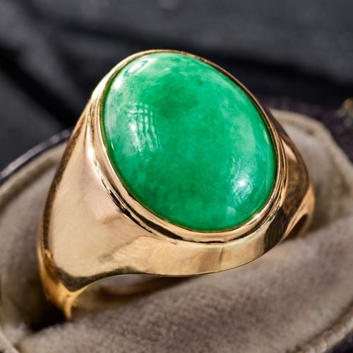 Unisex Oval Jade Cabochon Ring 14K Yellow Gold