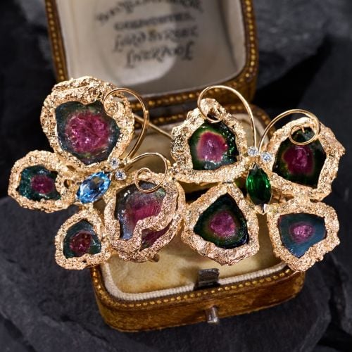 Watermelon Tourmaline Butterfly Brooch 14K Yellow Gold