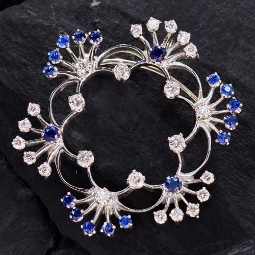 Bursting Design Diamond & Sapphire Brooch/Pendant 14K White Gold