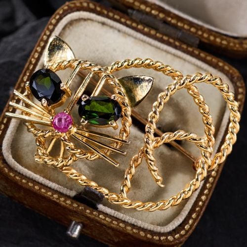 Tourmaline Wire Work Cat Brooch 14K Yellow Gold