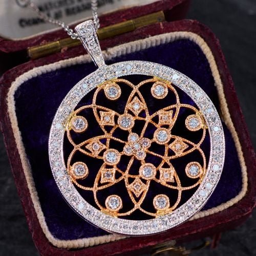 Milgrain Diamond Circle Pendant Necklace 18K White & Rose Gold
