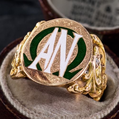 1909 Men's Enamel Initials AN Omega Ring Yellow Gold
