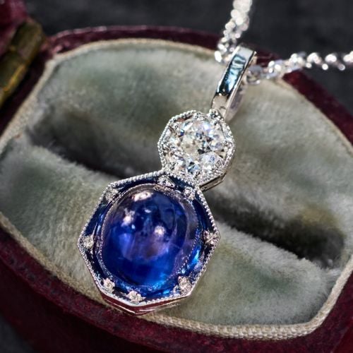 Antique Sapphire Cabochon Pendant Necklace w/ Diamond White Gold