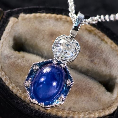 Sapphire Cabochon Pendant w/ Old Diamond 14K/18K White Gold